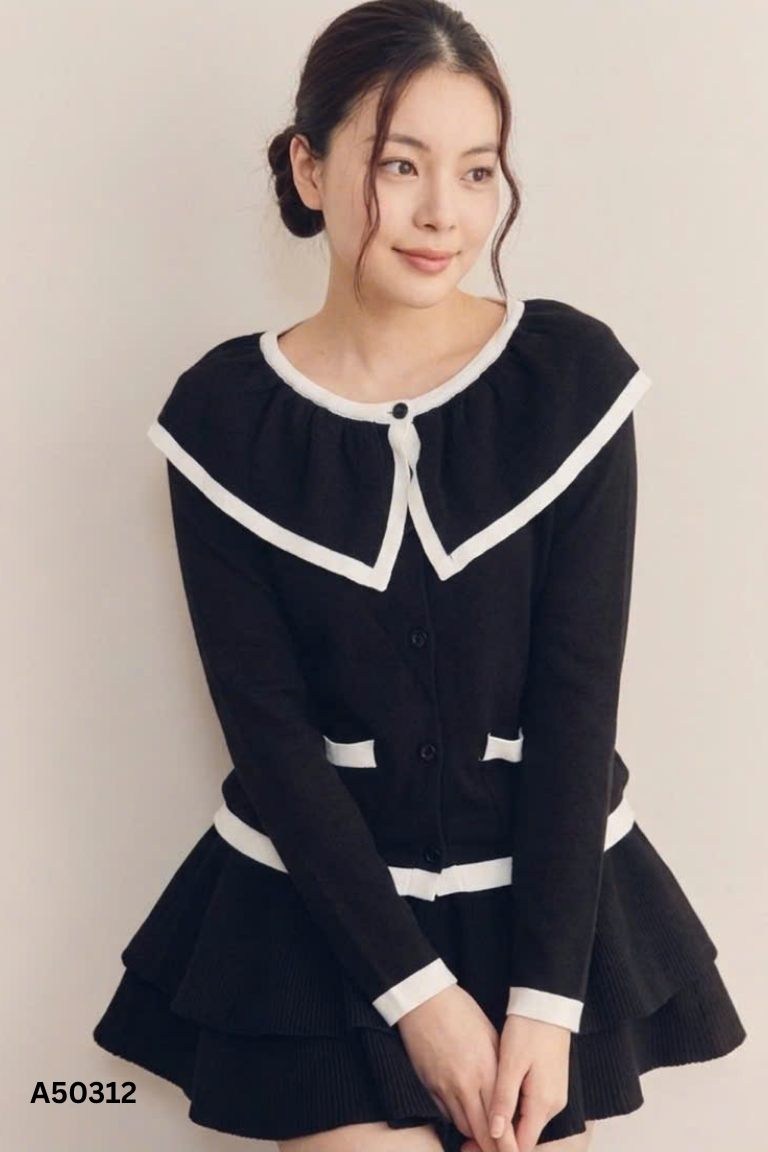 Áo len cardigan đen phối viền trắng