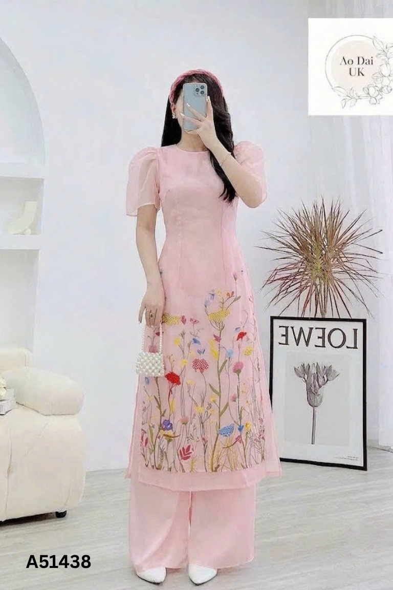 Áo dài hồng voan tay bồng