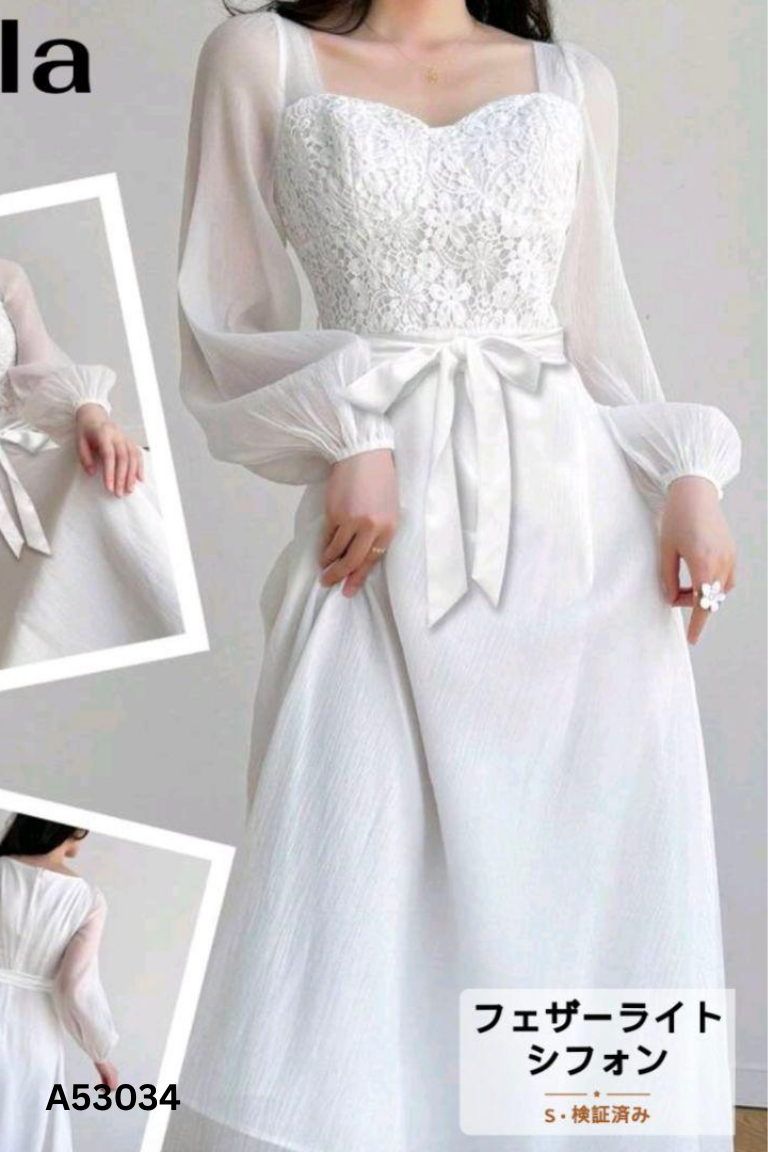Váy trắng voan phối ren dài tay