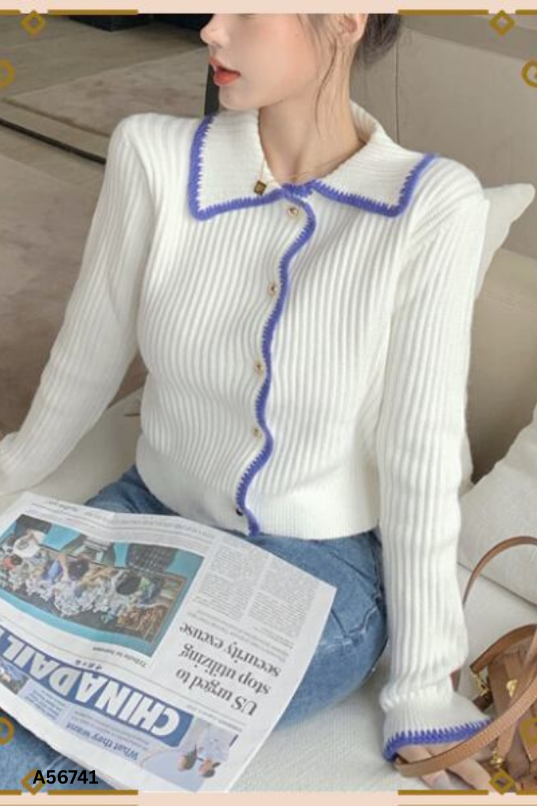Áo cardigans trắng viền xanh