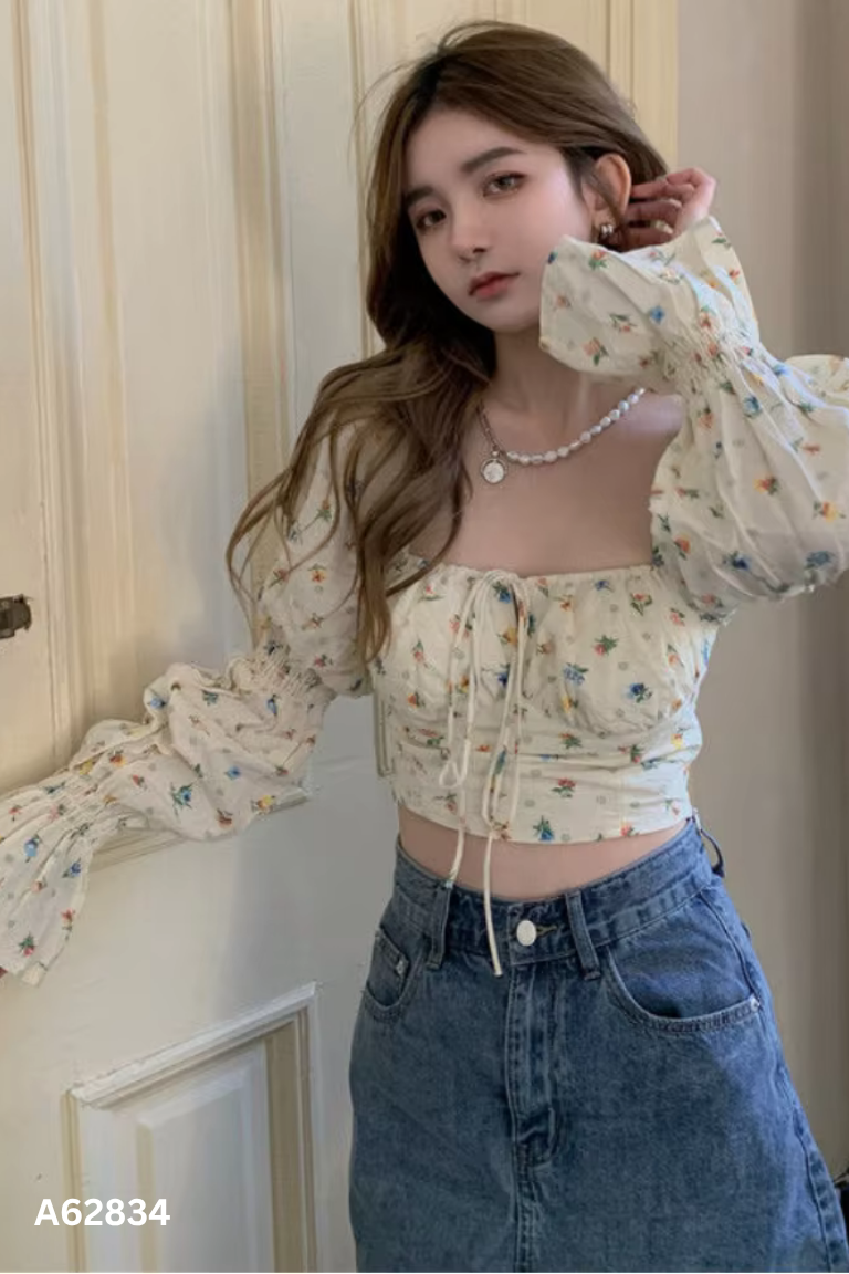 Áo be croptop hoa dài tay