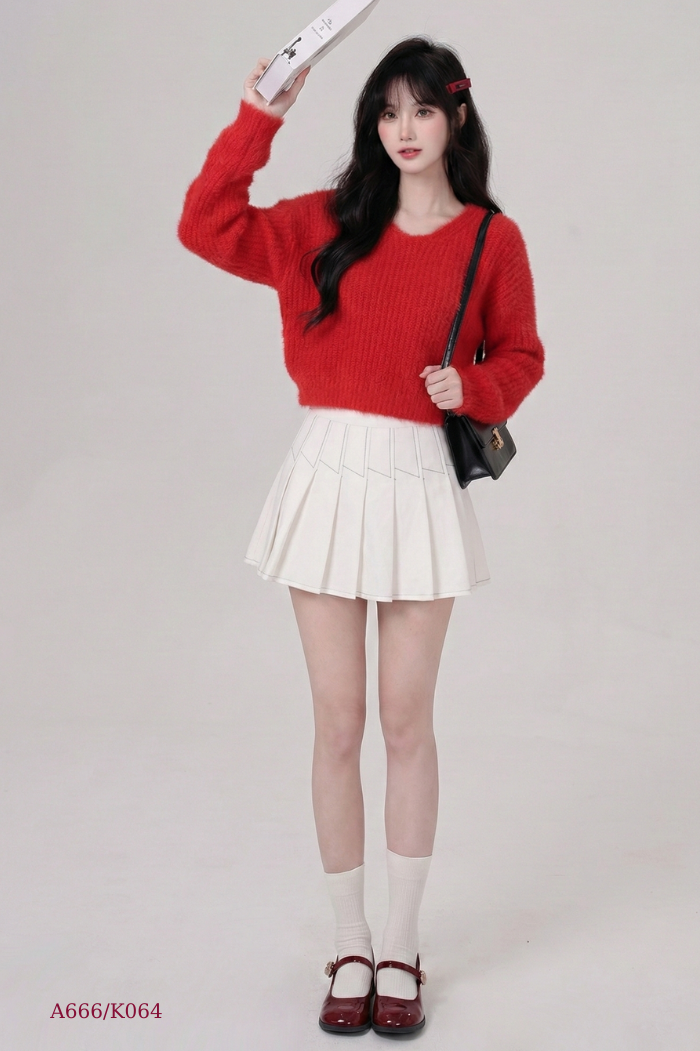 Áo len lông đỏ trơn dáng croptop