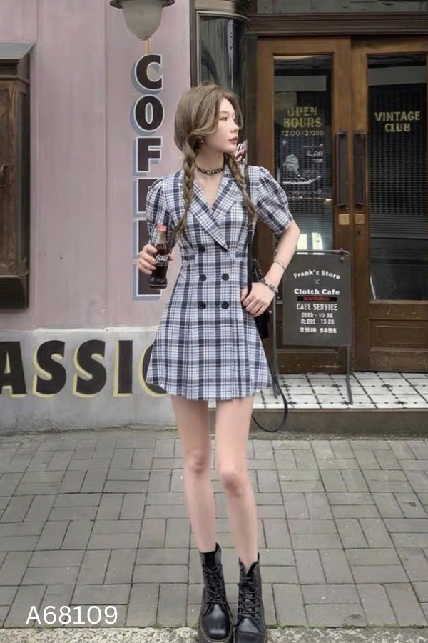 Váy xanh SEPTEMBER kẻ cổ vest