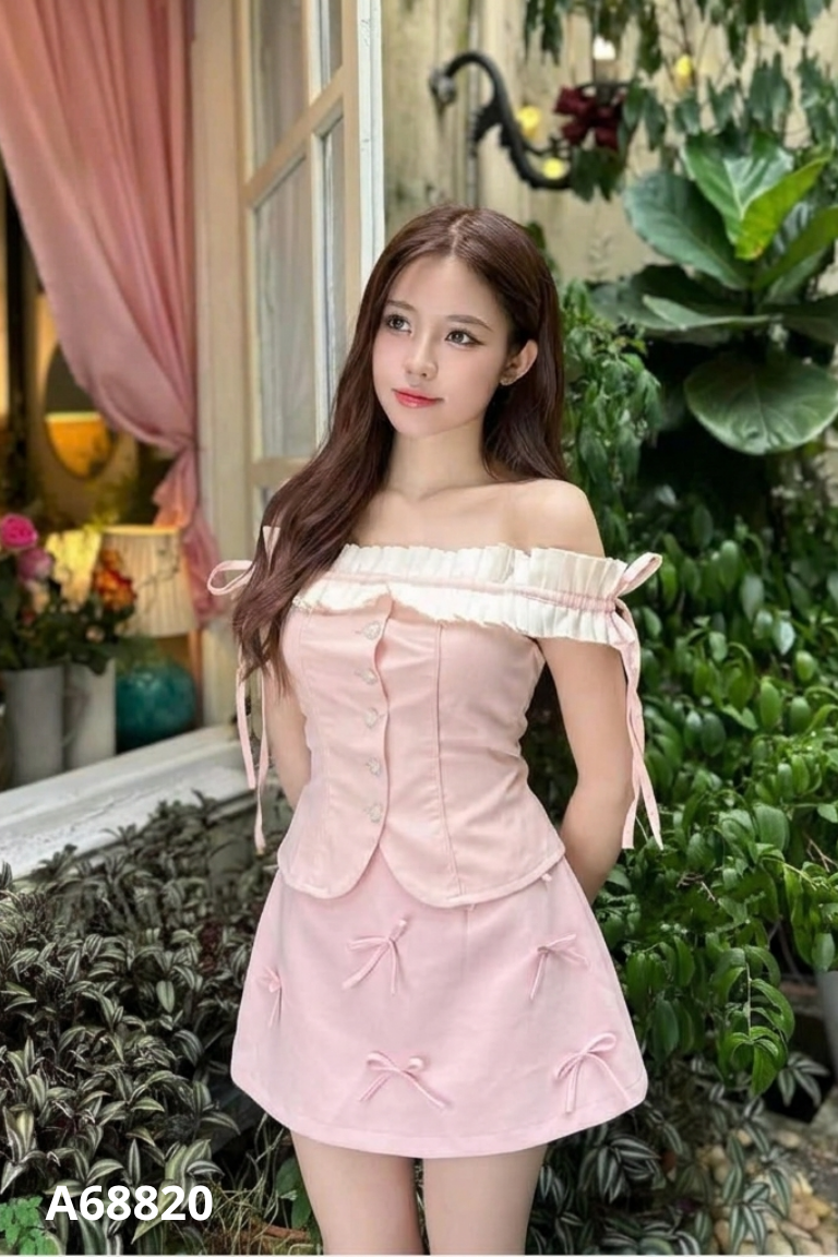 Chân váy CCHAT hồng đính nơ