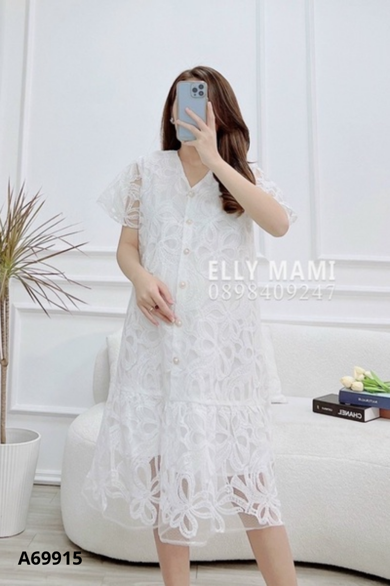 NEWTAG Váy voan trắng phối cúc ngọc