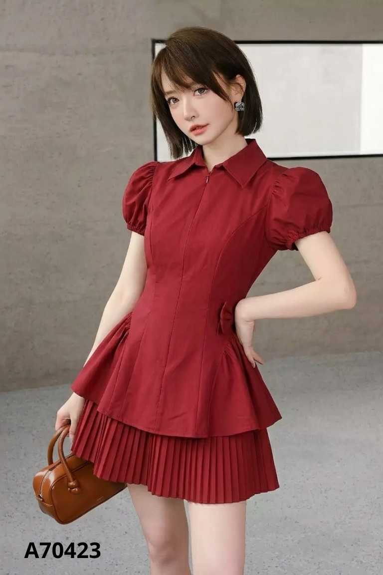 NEWTAG Set đỏ áo kiểu + chân váy