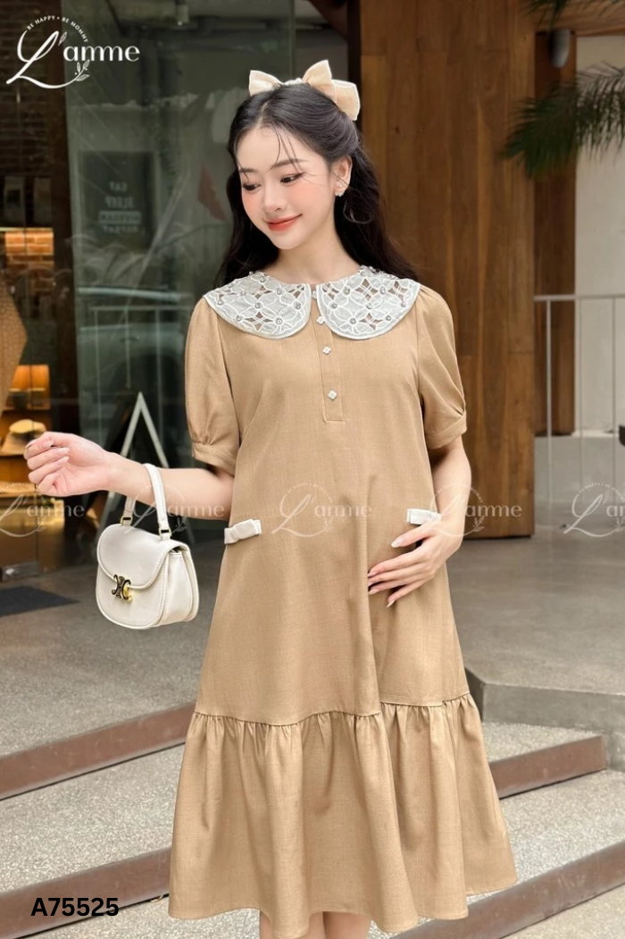 Váy nâu LAMME cổ sen be đính đá