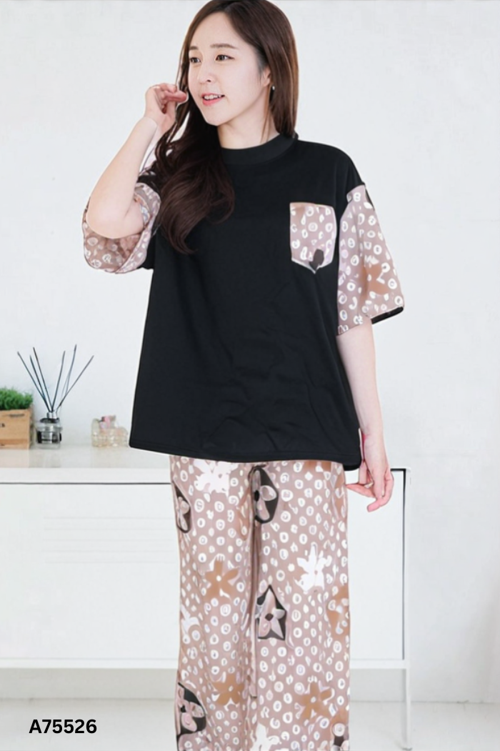 NEWTAG Set Áo đen phối tay be họa tiết + quần dài