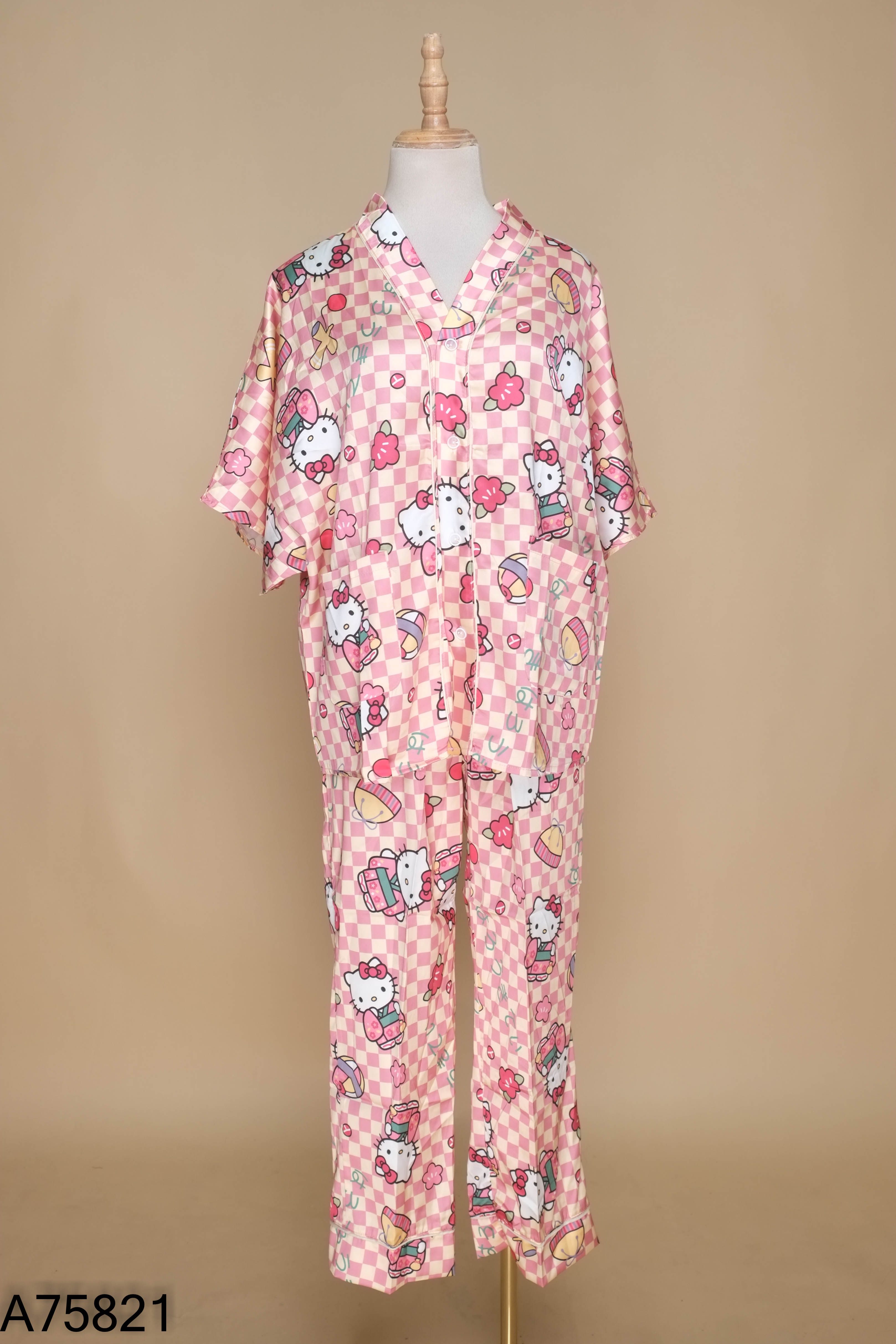 Set đồ ngủ caro hồng phối vàng