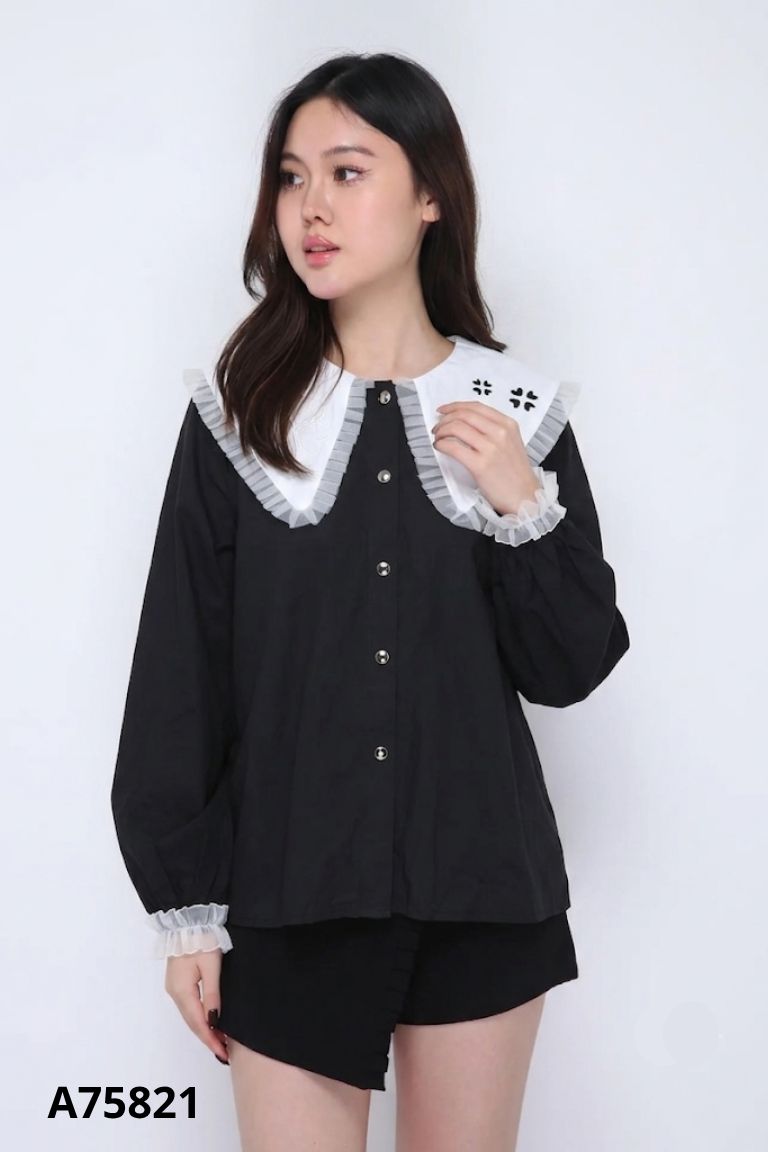 Áo sơ mi đen cổ trắng