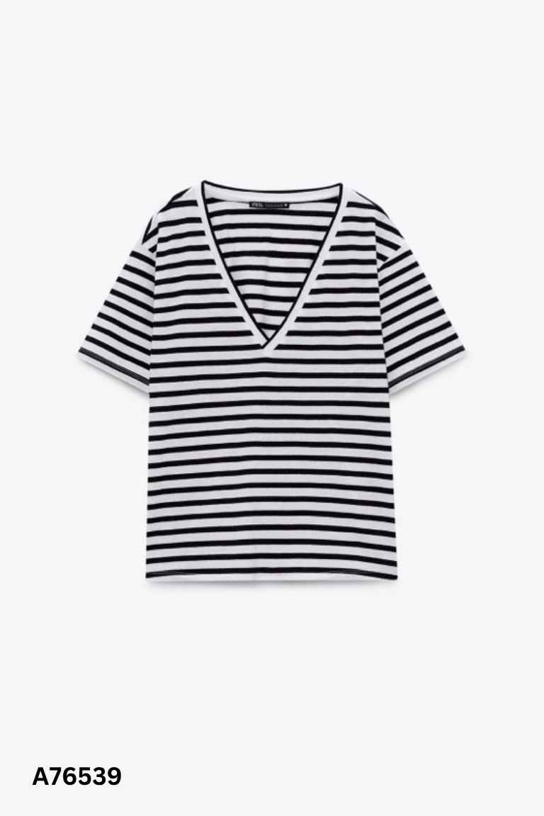 NEWTAG áo thun ZARA trắng kẻ đen