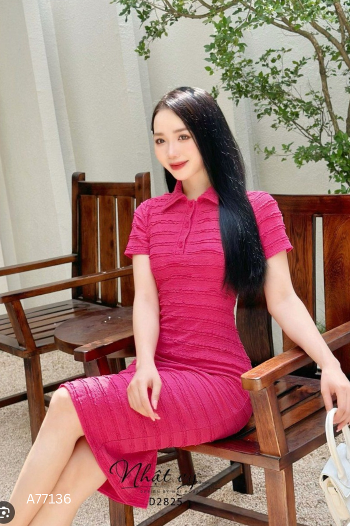 Váy hồng trơn cổ sơ mi