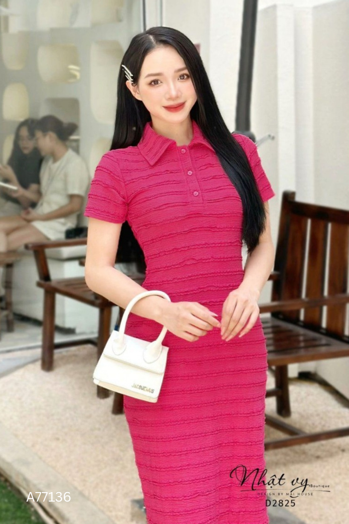 Váy hồng trơn cổ sơ mi