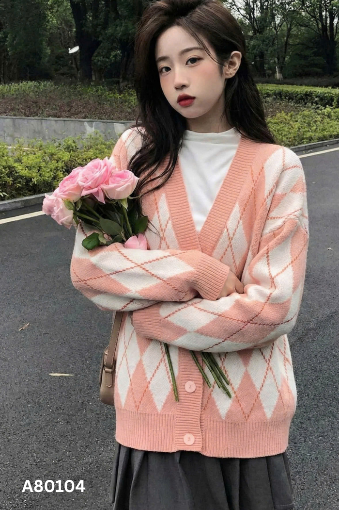 Áo len cardigan hồng phấn họa tiết