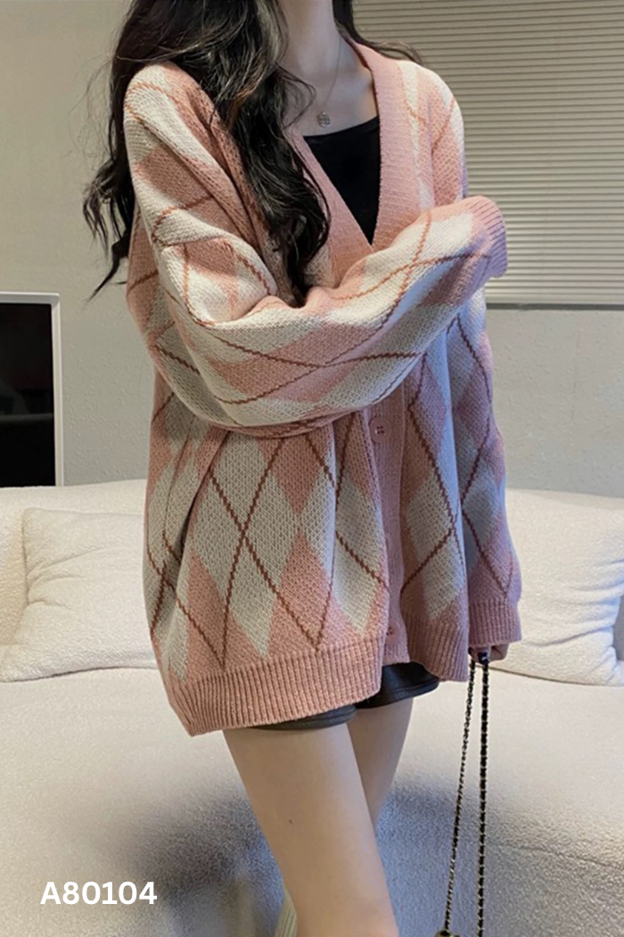 Áo len cardigan hồng phấn họa tiết