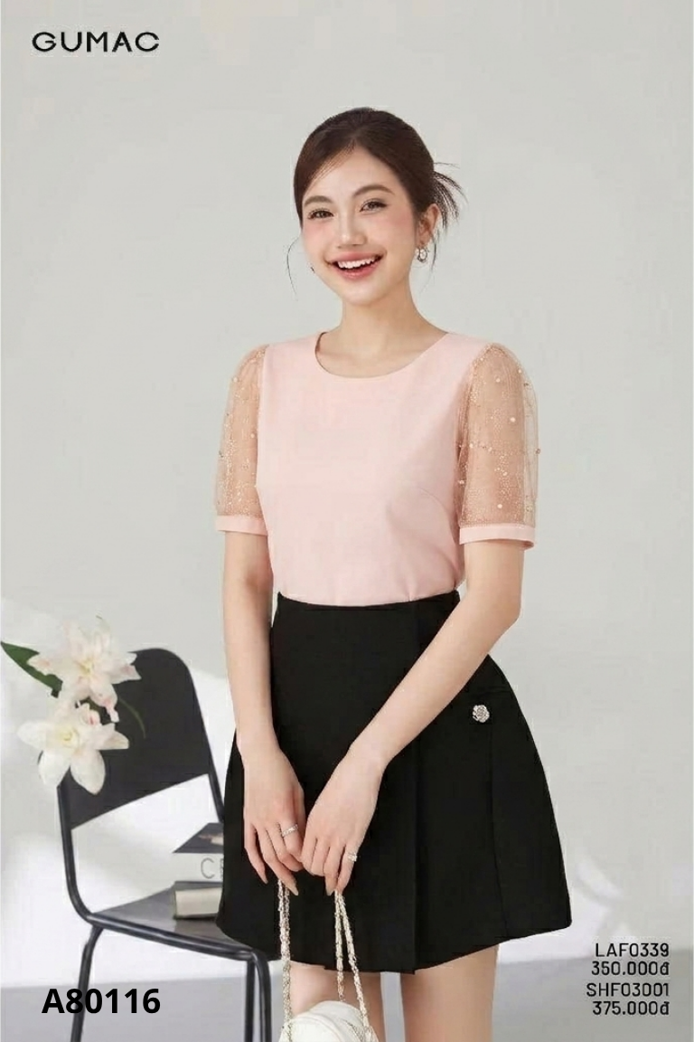 NEWTAG Áo hồng be GUMAC phối tay lưới