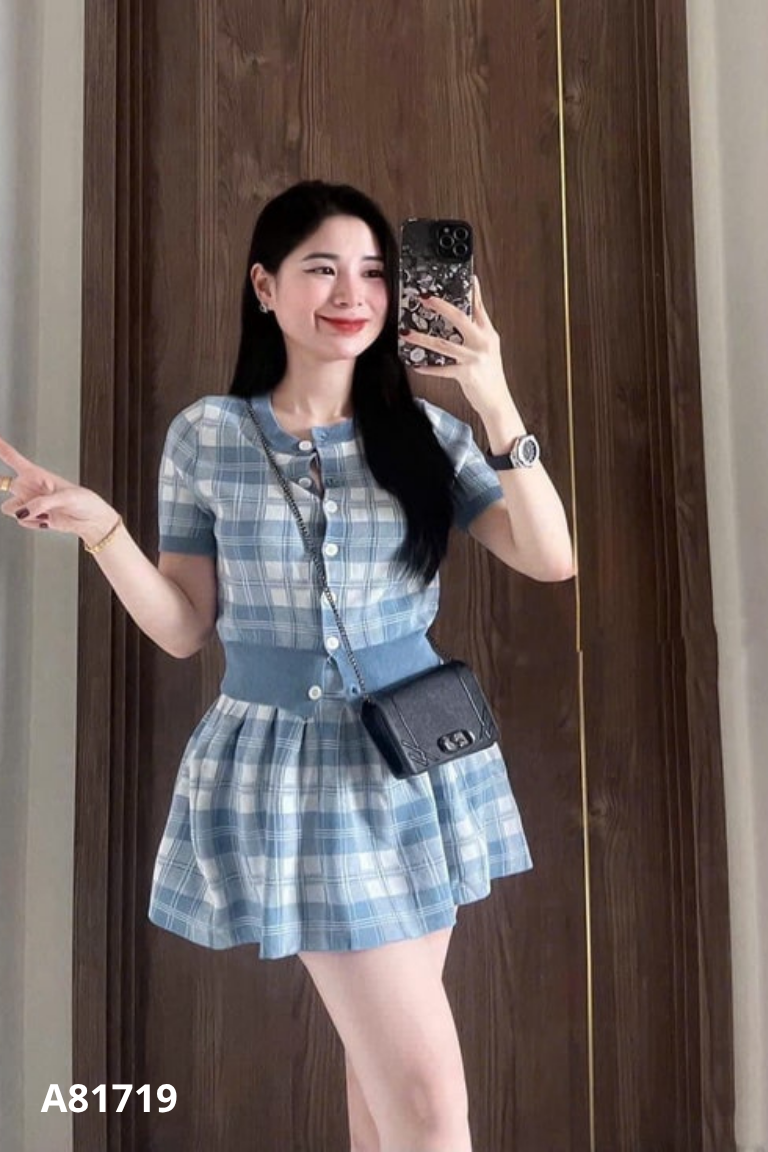 Set Áo len mongtoghi xanh kẻ + chân váy