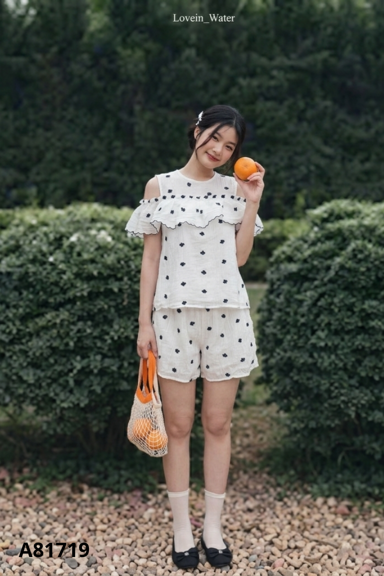 Set Áo tơ be MINZ hoa đen + quần shorts