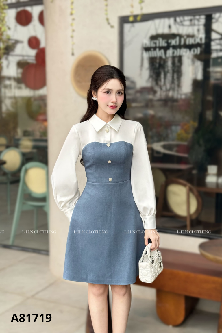 Váy xanh LIIN phối trắng cúc đá