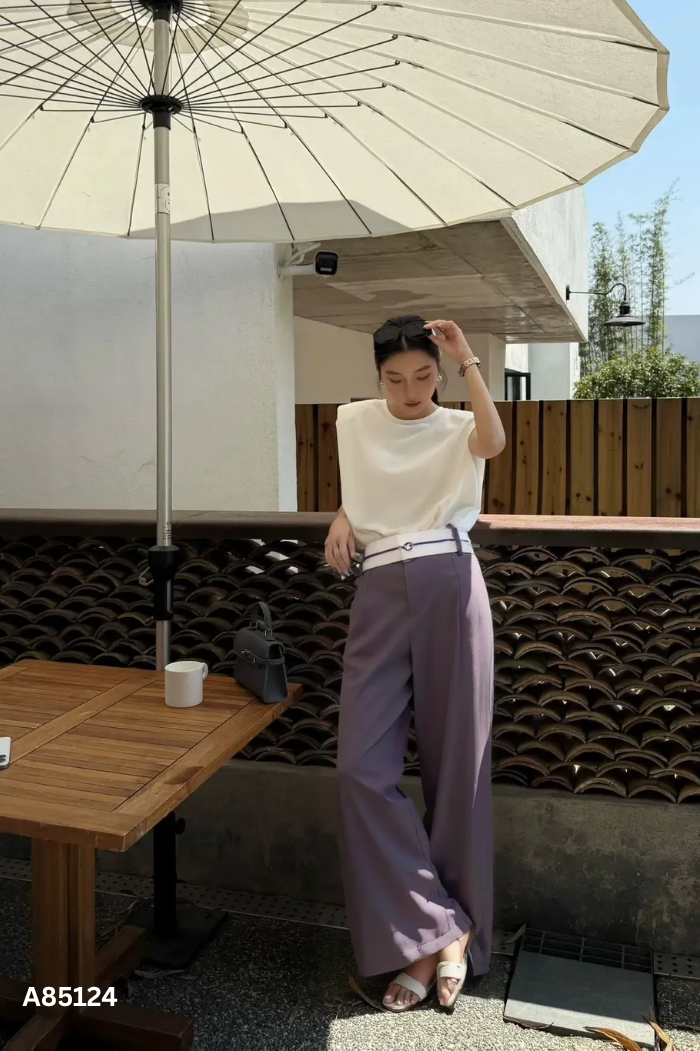 Quần culottes vải xám phối trắng