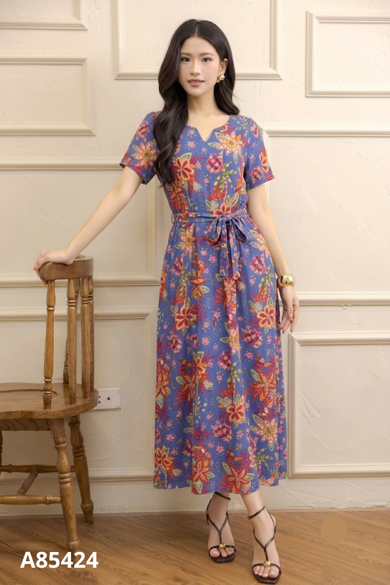 Váy linen xanh họa tiết