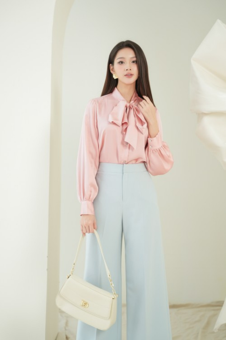 Áo sơ mi SIXDO hồng buộc dây cổ