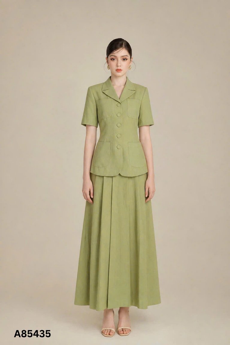 SET áo vest xanh+ chân váy dài