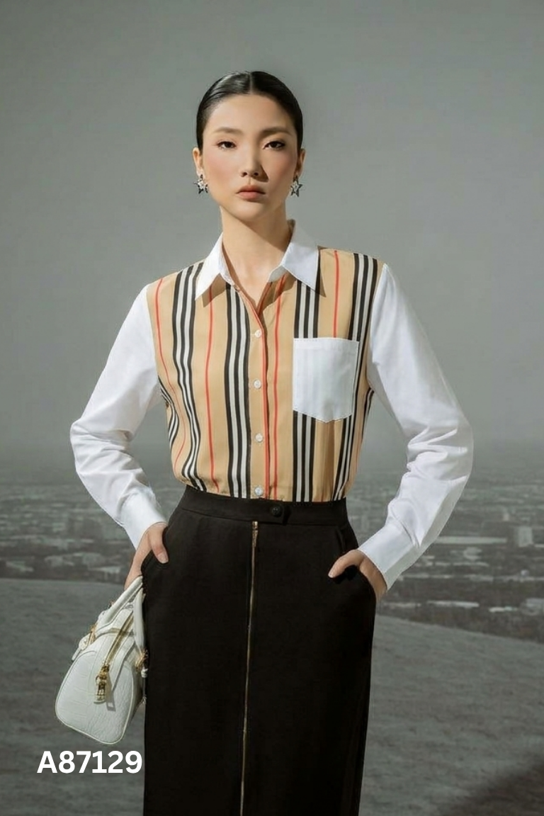 Áo LIIN Clothing sơ mi trắng phối sọc be
