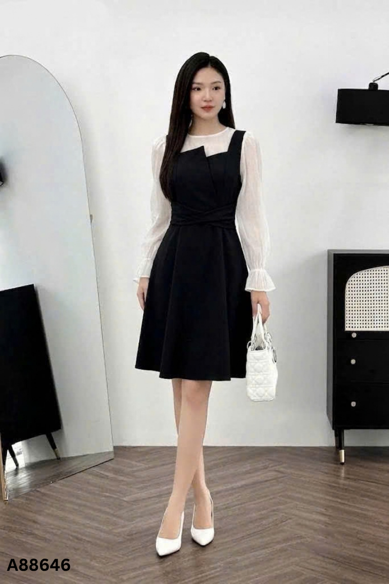 Váy CCHAT đen phối tay trắng