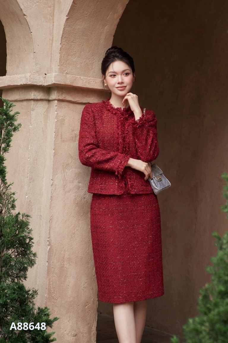 Set váy dạ tweed đỏ kim tuyến + áo khoác