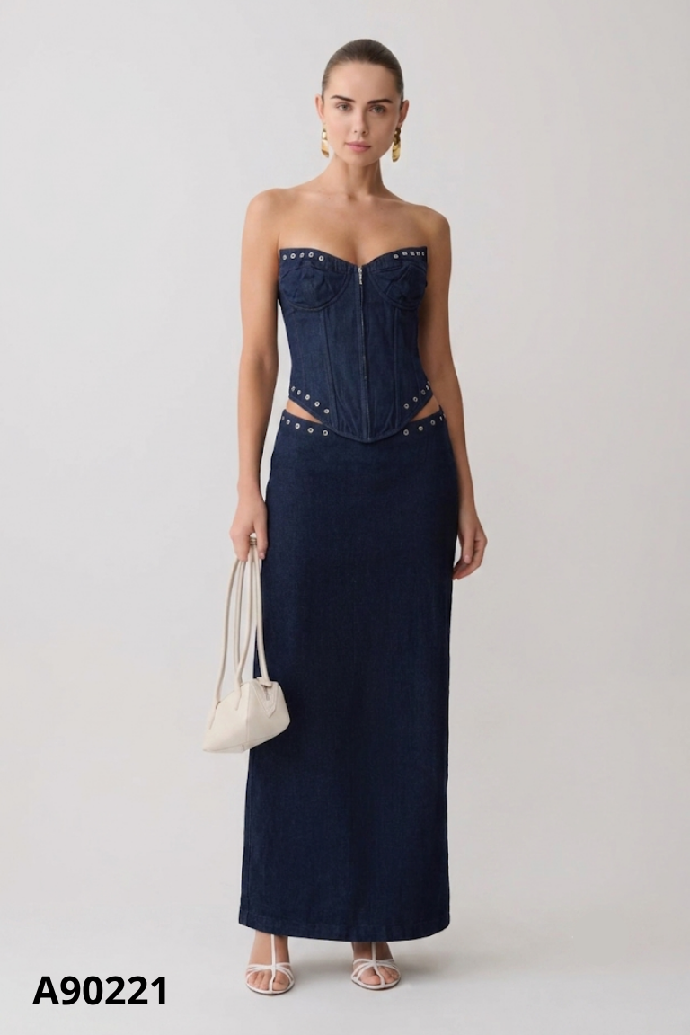 Set jeans xanh áo quây + chân váy