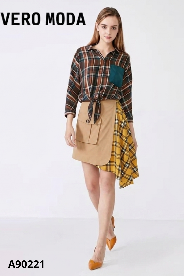 Chân váy VERO MODA nâu phối vàng kẻ caro
