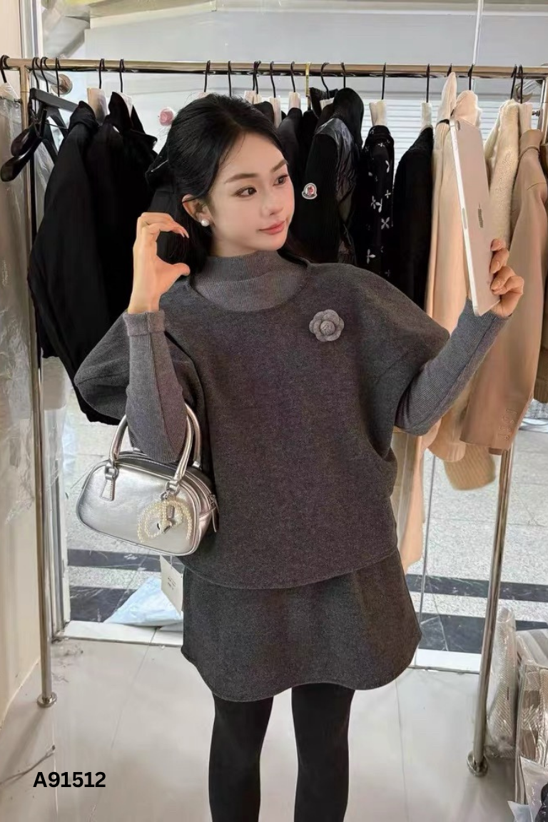 Set Áo dạ xám phối hoa + chân váy