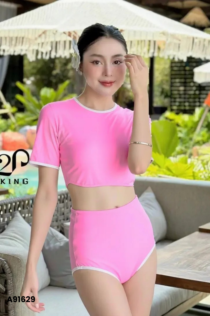 SET Đồ bơi hồng chữ trắng