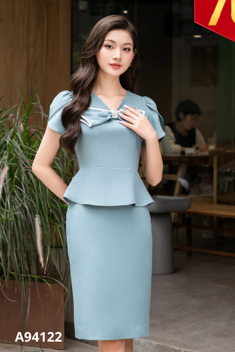 NEWTAG Set Áo xanh phối nơ ORCHID + Chân váy