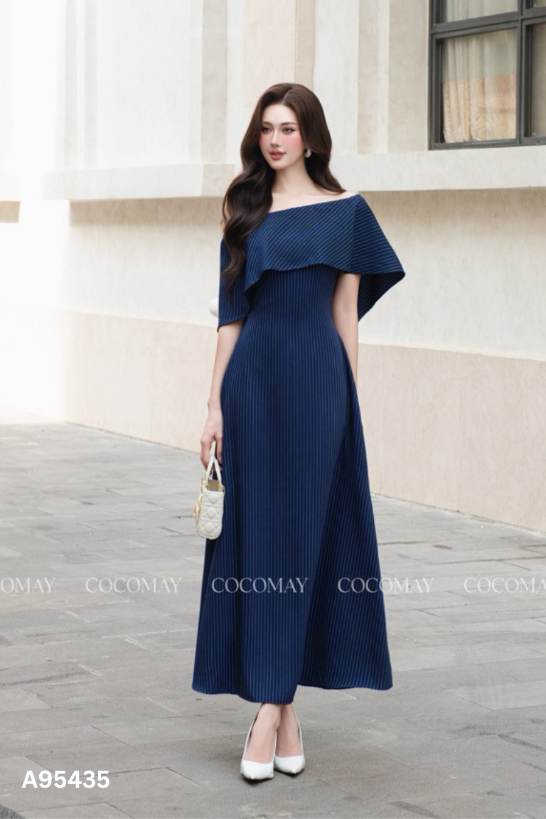 NEWTAG COCOMAY váy trễ vai xanh kẻ