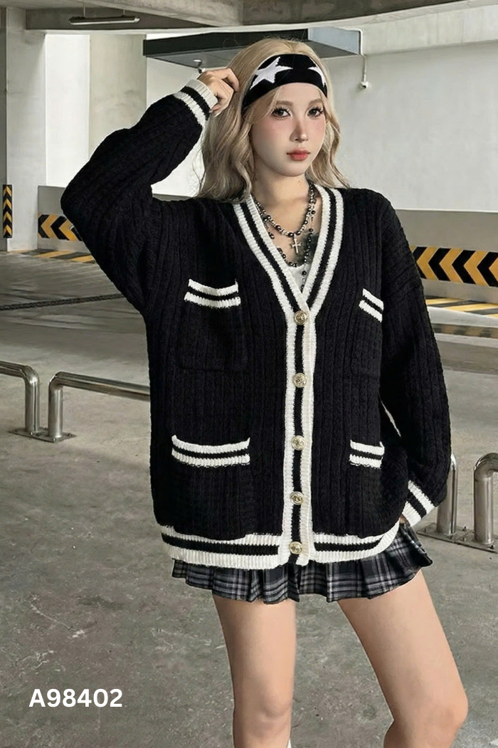 Áo cardigans đen viền trắng