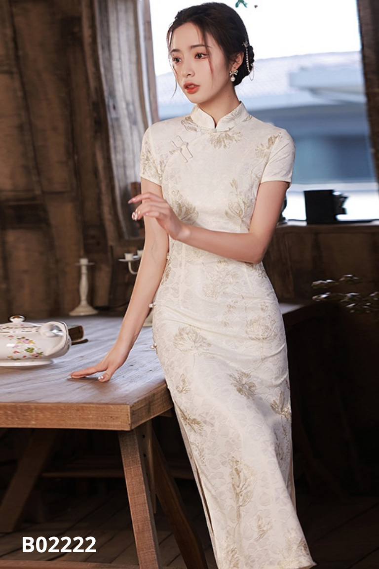 Váy sườn xám trắng FASHION đính cúc