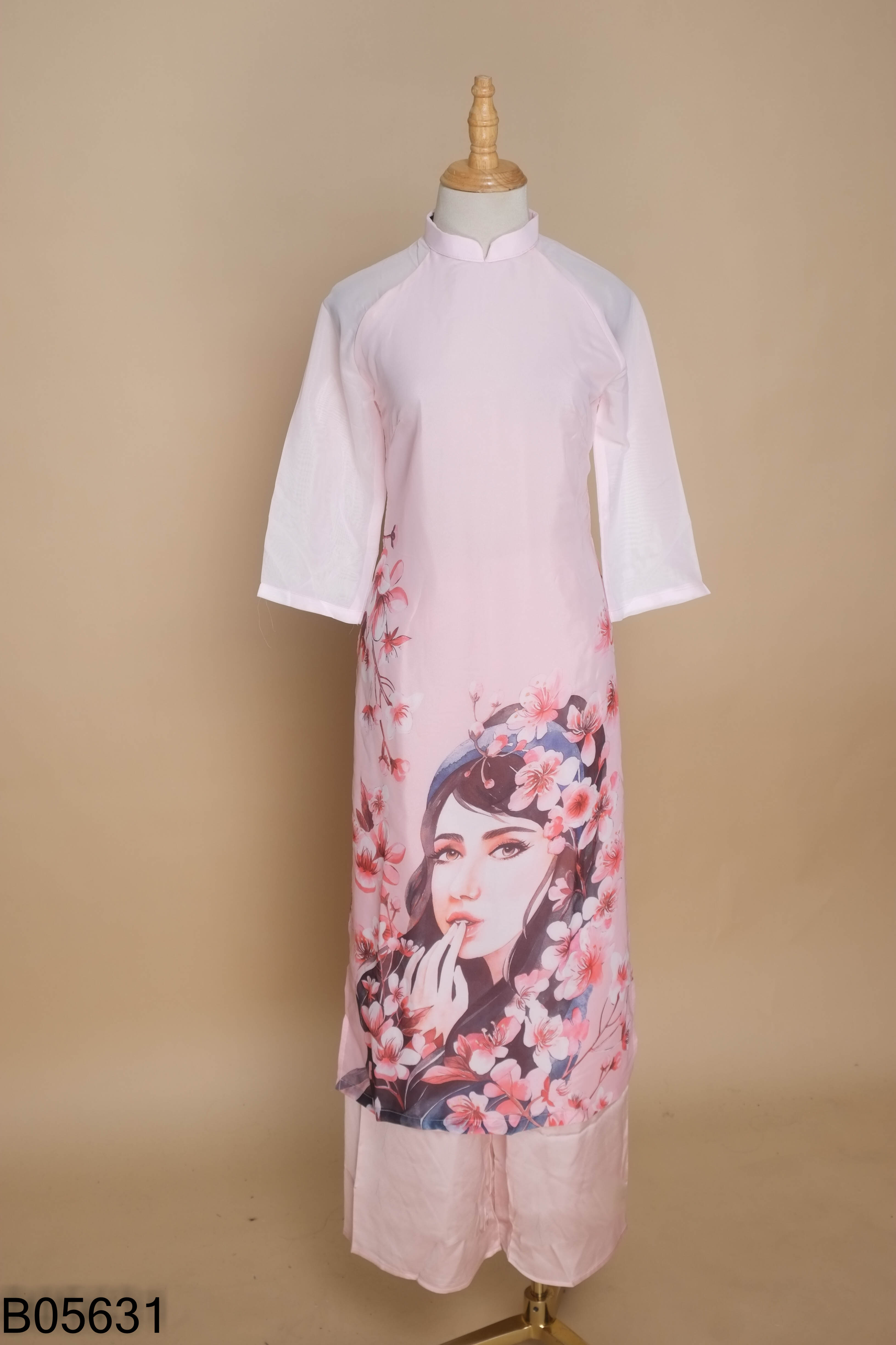 Set áo dài hồng nền hoa + quần dài