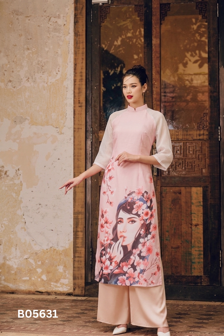 Set áo dài hồng nền hoa + quần dài