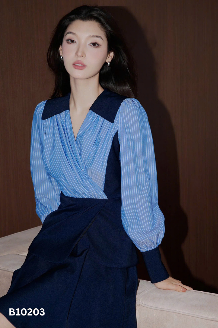 Set MAGNOLIA xanh than phối sọc áo + chân váy