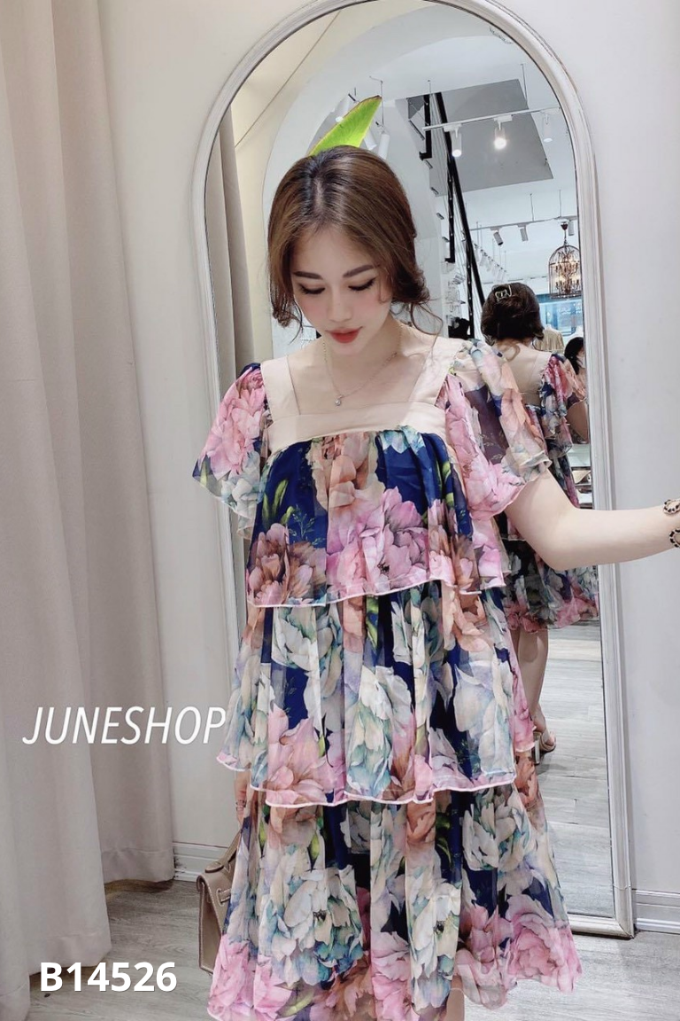 NEWTAG Váy voan xanh than họa tiết