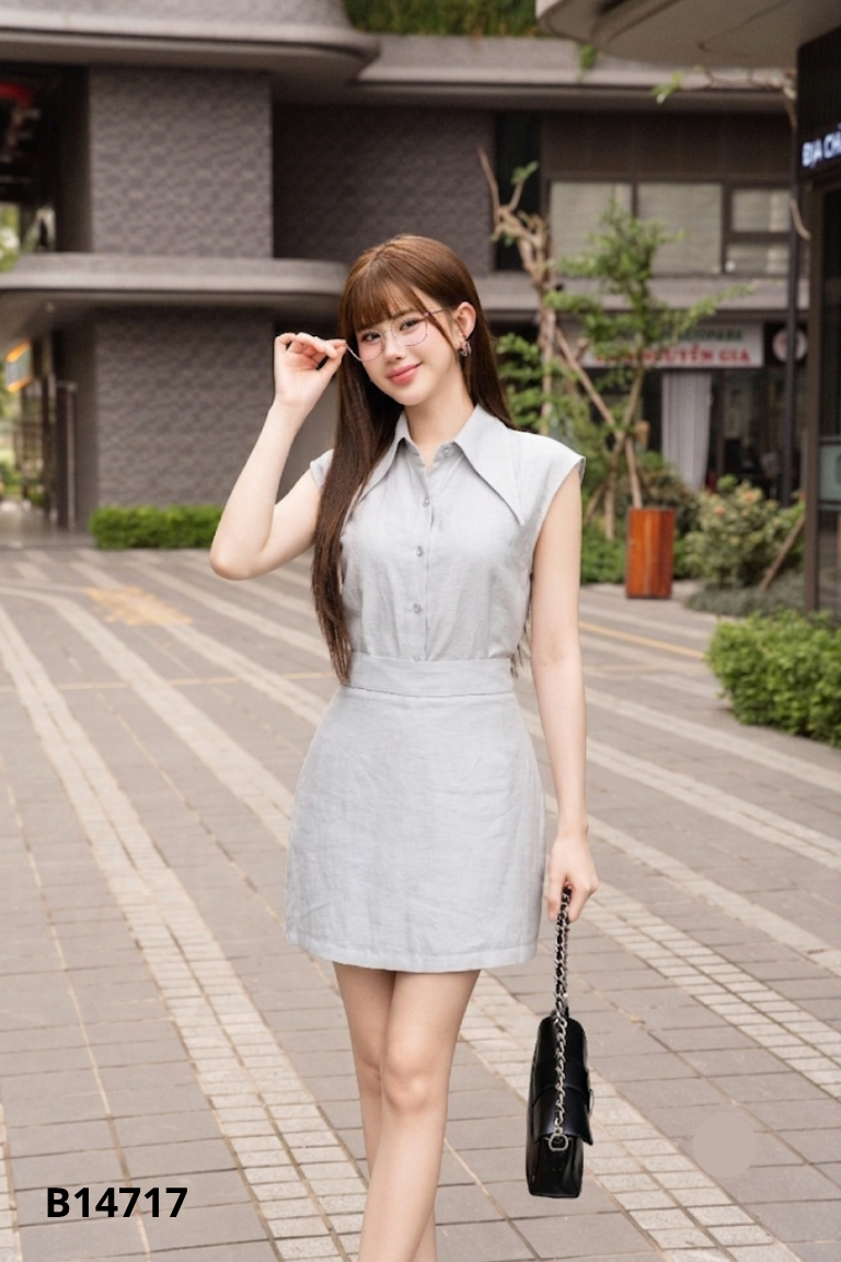 Set LIIN Clothing xanh áo sơ mi + chân váy