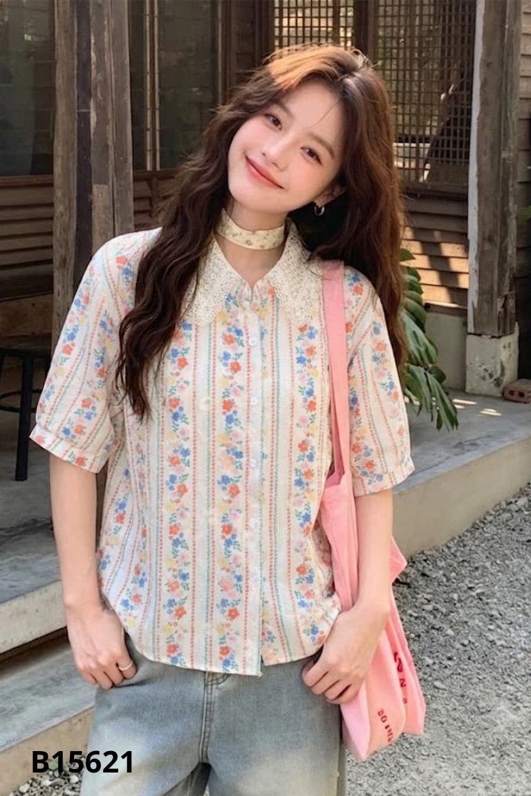 Áo sơ mi be HAPPY MINT cổ ren