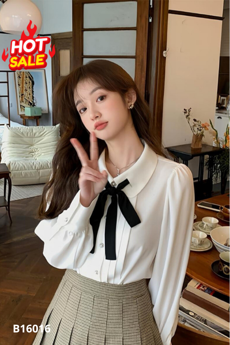 Áo sơ mi BRIYO trắng thắt nơ đen