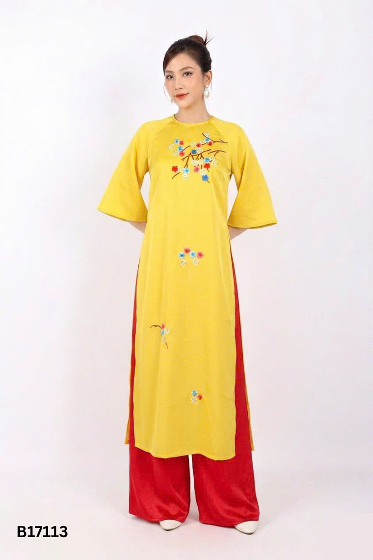 Set Áo dài vàng thêu hoa + quần đỏ