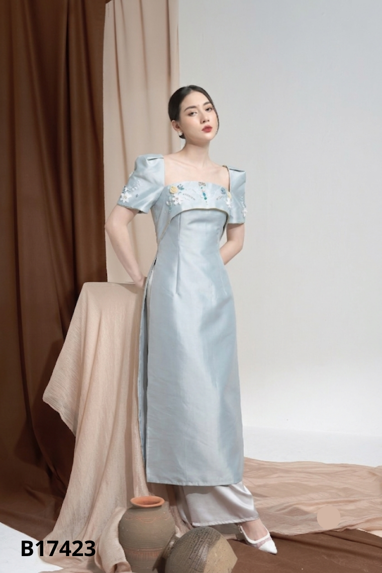 Áo dài taffta JM DESIGN xanh đính cườm