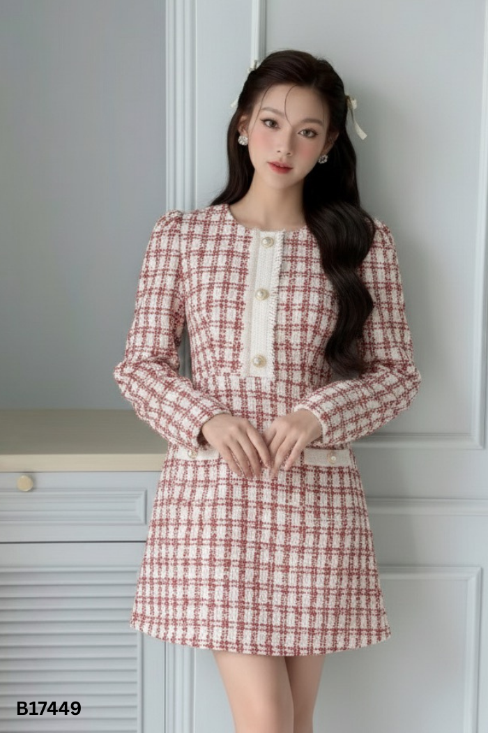 Váy dạ tweed kem phối đỏ KATE cúc ngọc