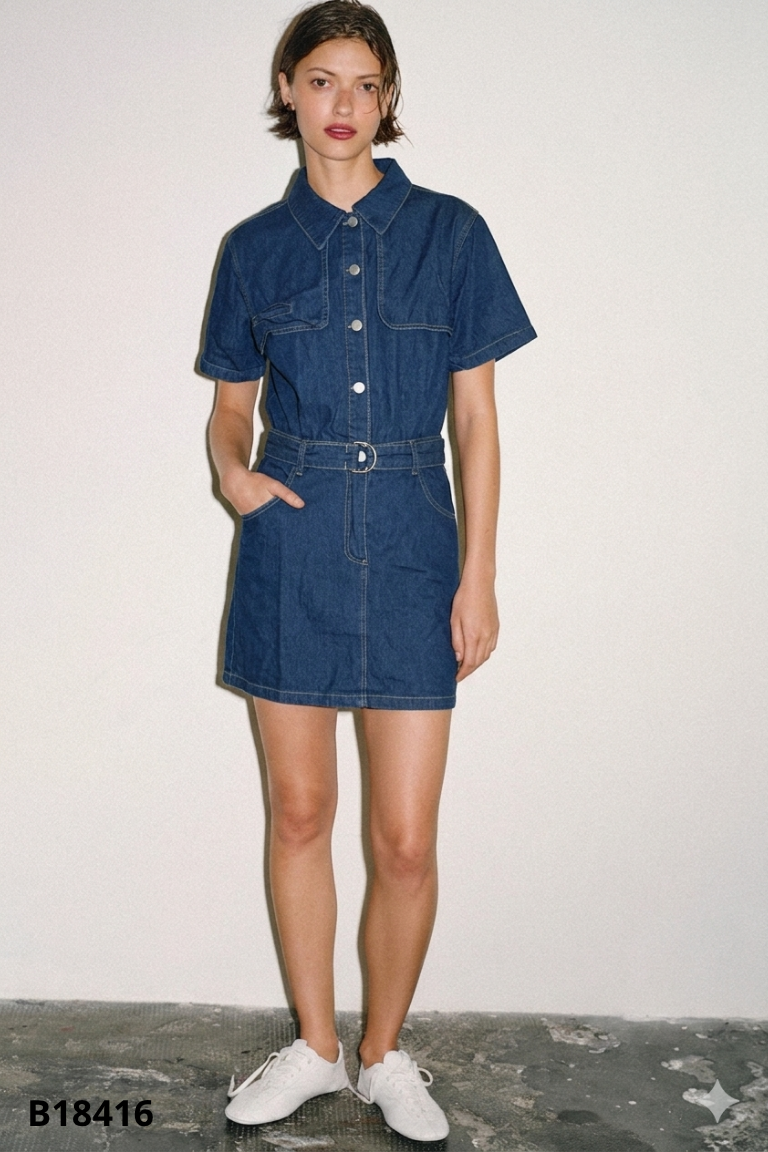 Váy jeans xanh cổ sơ mi