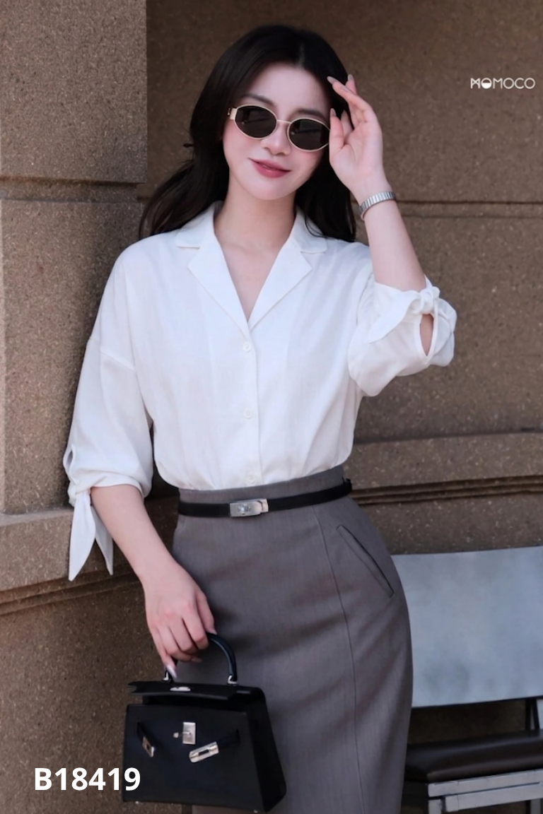 Áo sơ mi trắng sữa MOMOCO trơn phối tay
